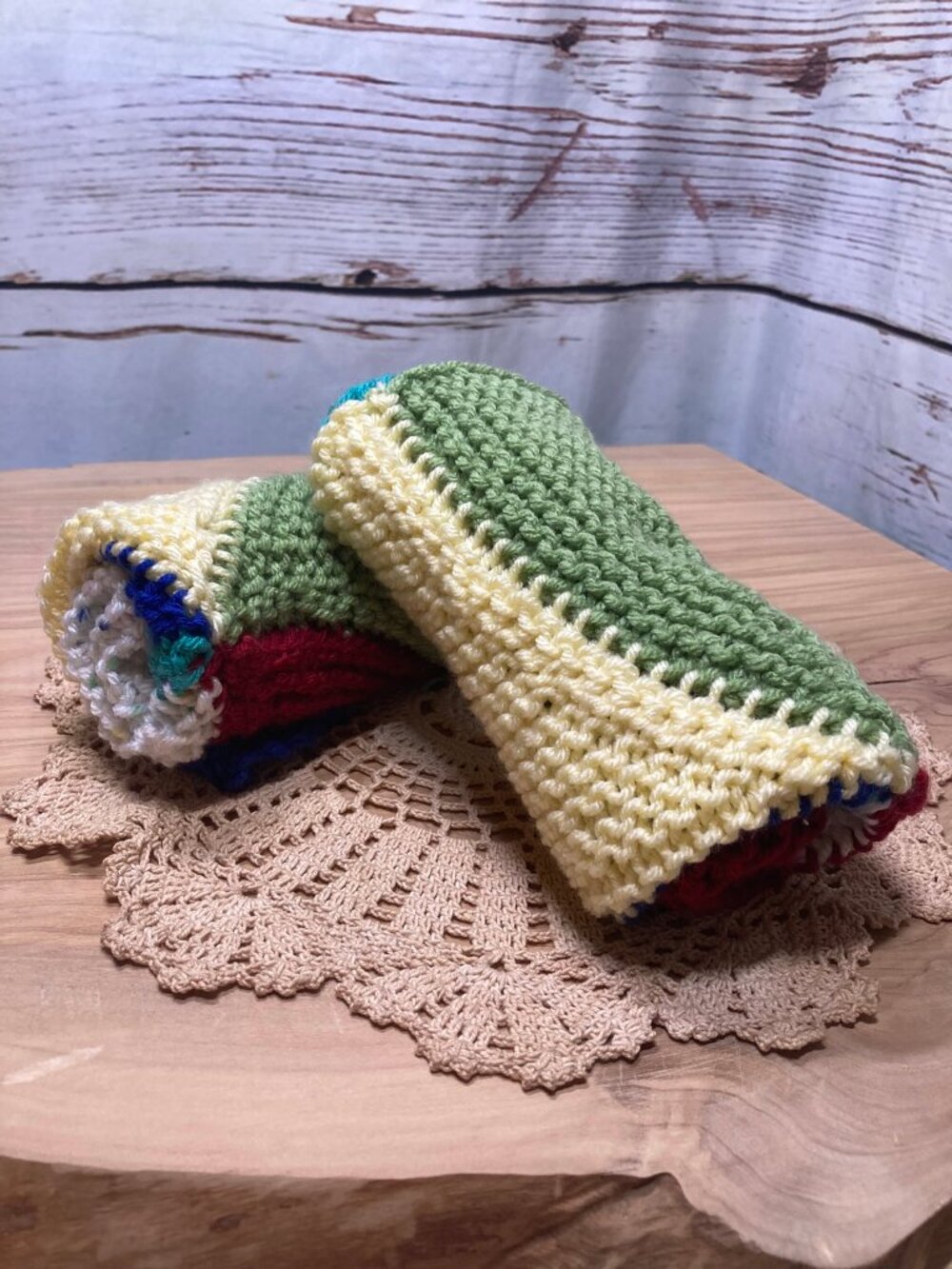 Set of 2 Handmade Knit Pinwheel Doilies Round Cotton Mats Multi Color - Picture 3 of 3